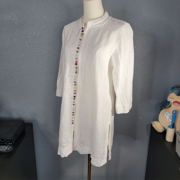 Soft Surroundings Linen Zip Tunic sz S 3/4 Sleeve Slit Sides Beachy Coastal - Picture 2 of 16